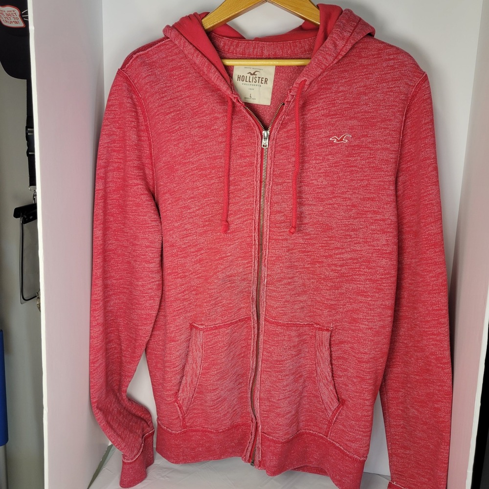 Hollister Mens Red Marl Heathered Full Zip Hoodie Sweatshirt Large Logo